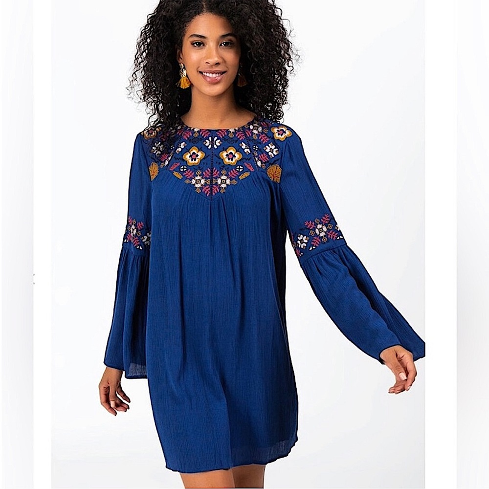 Blue Rain boho peasant mini dress